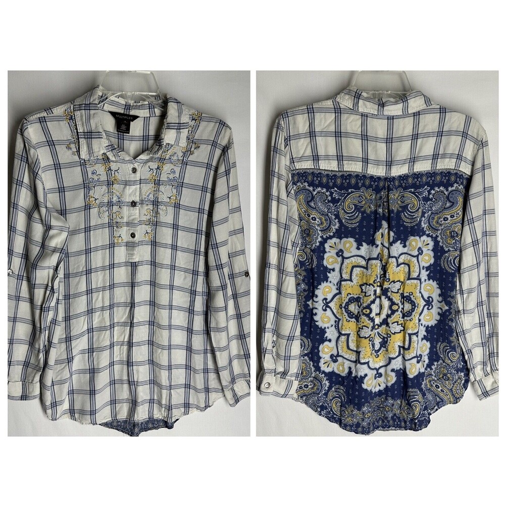 MULTIPLES Womens Tunic Top Size S Blue Paid Floral Print Embroidered Roll Tap